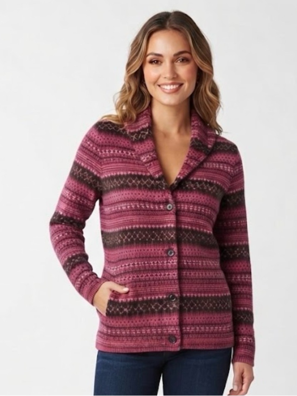 Pendleton Petite Merino Wool Fair Isle Shawl Collar Cardigan Sweater Pink M